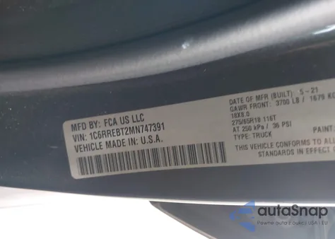 2021 Ram 1500 Big Horn 4X2 6'4 Box из США, поврежденный, VIN 1C6RREBT2MN747391